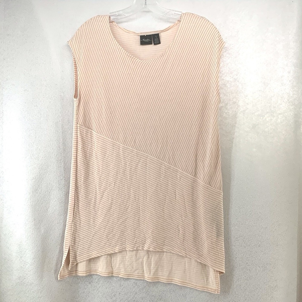 Chicos Travelers Peach Metallic Stripe Ribbed Tunic Top Womens M Minimalist Chic